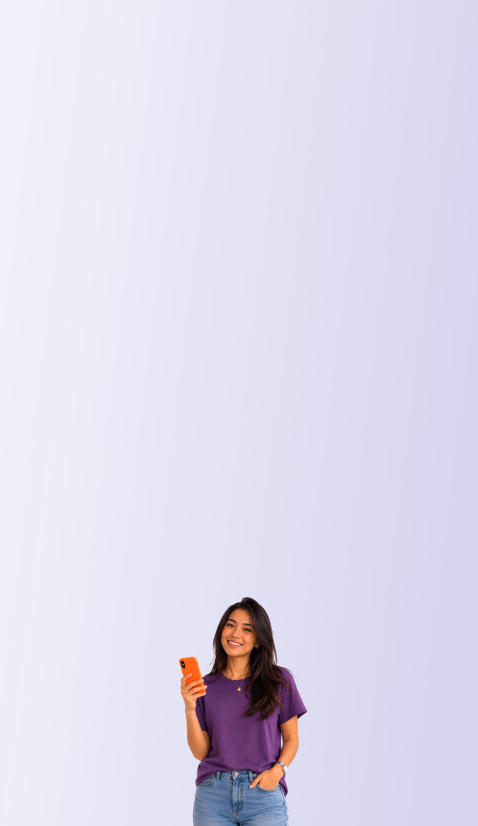 A woman holding a smartphone and pointing at a hallway, symbolizing a fast and convenient online loan application.