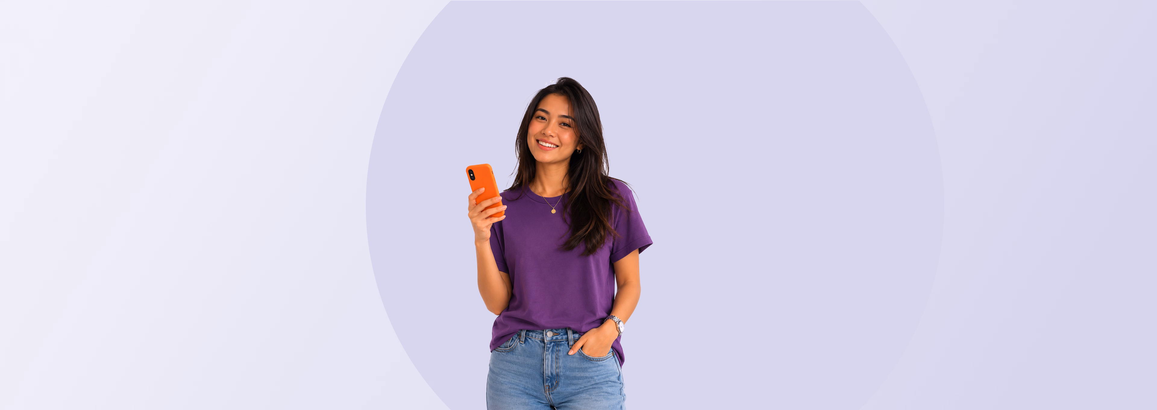 A woman holding a smartphone and pointing at a hallway, symbolizing a fast and convenient online loan application.